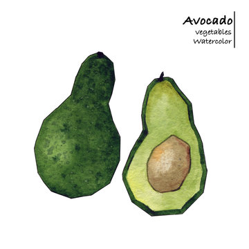 Avocado and half avocado isolated on a white background. Watercolor hand painted avocados. Illustration - Illustration
