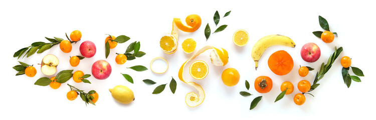 Creative composition of fruits isolated on white background, top view, flat layout.