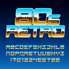 80s Retro alphabet font. Bright gradient letters and numbers. Stock vector typeface for your design in 80s style.