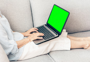 Middle-aged woman on the gray sofa working on green screen laptop, soft focus.