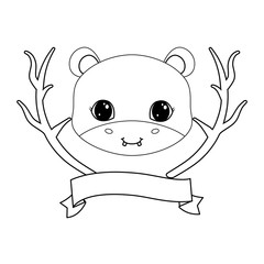 cute hippopotamus with tree branches and ribbon