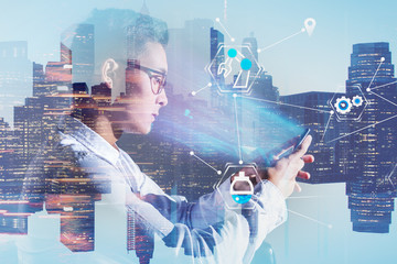 Asian man with phone, business interface