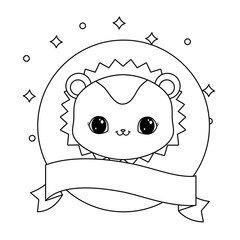 head of cute porcupine in frame circular with ribbon