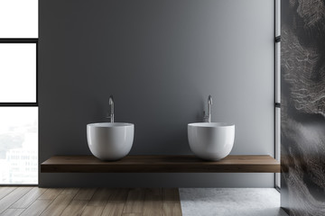 Marble and gray bathroom interior with double sink