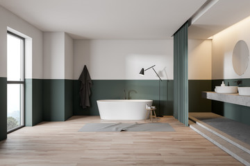 Green and white bathroom interior with curtain