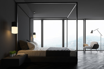 Side view of panoramic gray bedroom