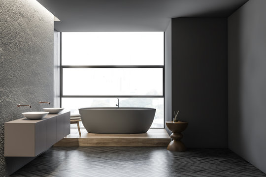 Stylish panoramic concrete bathroom interior