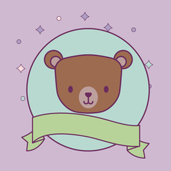 Naklejka premium head of cute bear in frame circular with ribbon