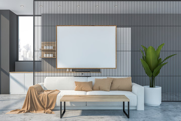 Gray living room and kitchen, horizontal poster