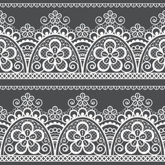 Lace vector seamless pattern, detailed retro ornament, lace design with flowers and swirls in white on gray background