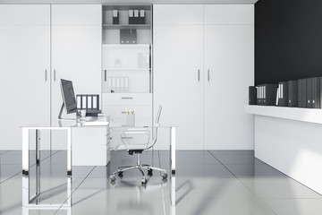 Side view of gray and white manager office