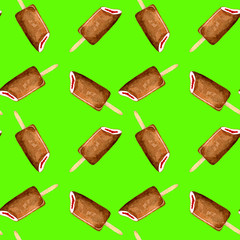 Popsicle Eskimo pie in chocolate on a stick on neon green background. Seamless pattern ice cream watercolor summer. Hand drawn watercolor. 