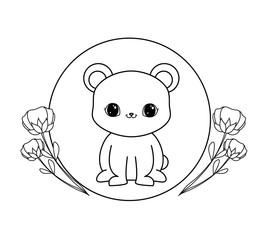 cute bear in frame circular with flowers