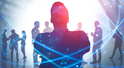 Business leader and team in city, digital network