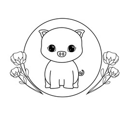 cute piggy in frame circular with flowers