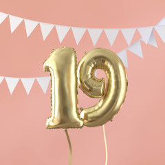 Happy 19th birthday party celebration gold balloon and bunting. 3D Render