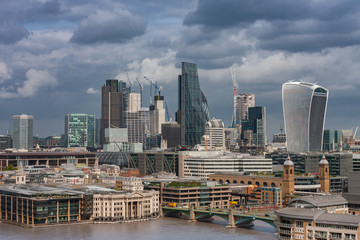 Aerial view of north bank of the river Thames, London skyscrapers