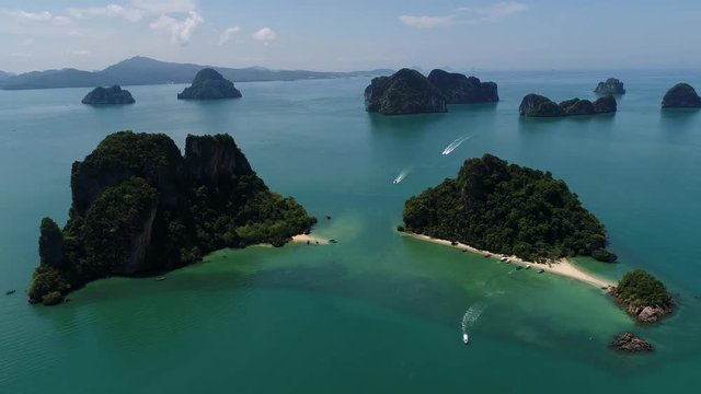 Phang Nga - the gulf of the Andaman Sea, the territorial waters of Thailand. The bay is located northeast of Phuket. Aerial view of the beautiful islands in the bay.