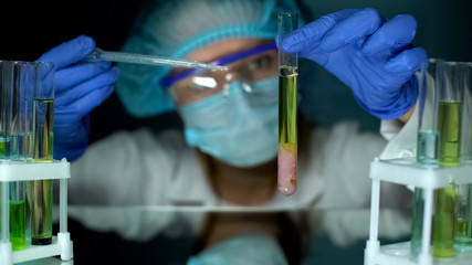 Vet doctor observing preserved meat sample in tube, studying animal illness