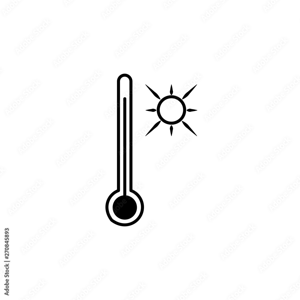 Poster flat design icon of sun and thermometer with high temperature in ui colors. vector illustration.