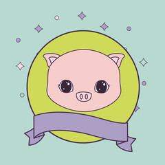 head of cute piggy in frame circular with ribbon
