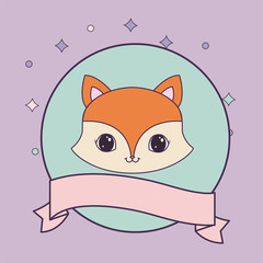 head of cute fox in frame circular with ribbon