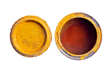 Can and lid with yellow paint isolated on white background, top view 