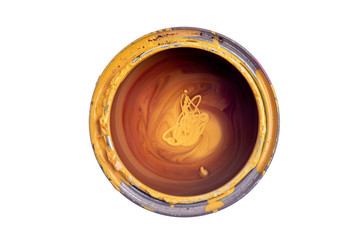 Old can with yellow paint isolated on white background, top view