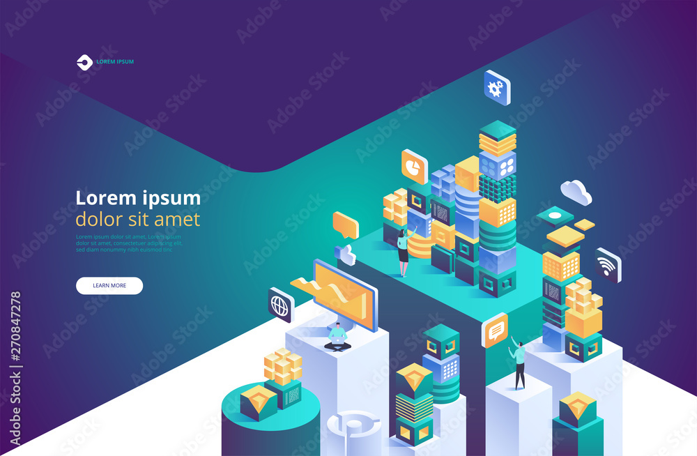 Aufkleber blockchain concept. isometric digital blocks or cubes connection with each other