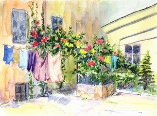 Urban yard.Odessa.Hand drawn .Watercolor sketch 