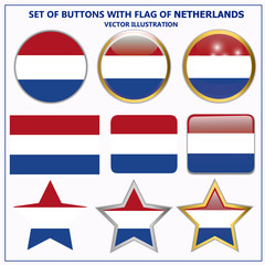Bright buttons with flag of Netherlands. Happy Netherlands day buttons. Bright illustration with white background .