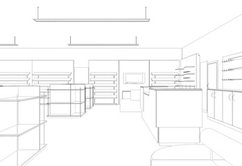 Obraz premium shop, store, contour visualization, 3D illustration, sketch, outline