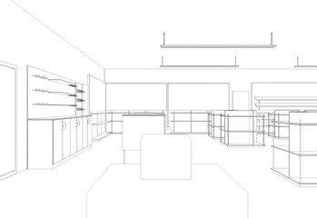 shop, store, contour visualization, 3D illustration, sketch, outline