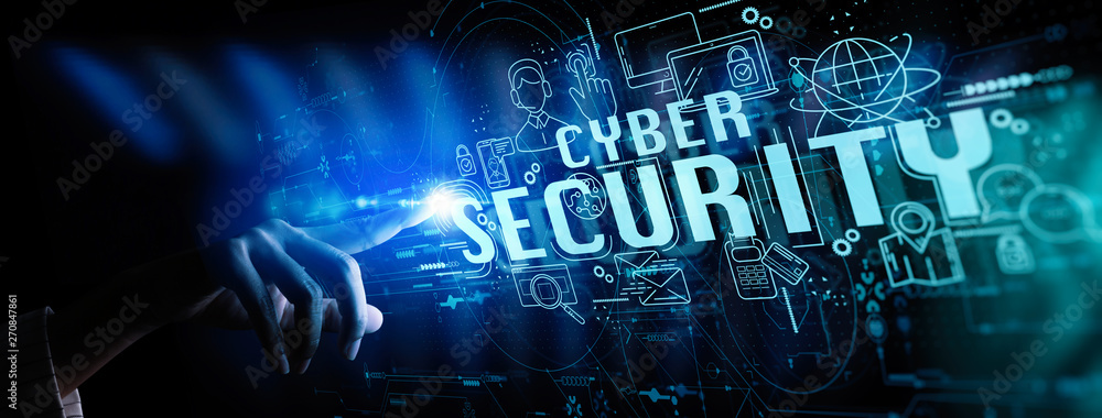 Aufkleber Cyber security and data protection. Businessman touchscreen protecting business and financial data with virtual network connection. Innovation technology develop smart solution from digital attack