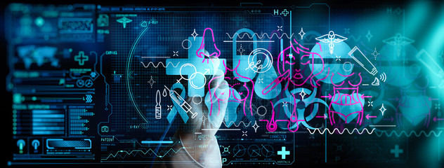 Medicine doctor touching and diagnose electronic medical record of patient on interface. DNA....