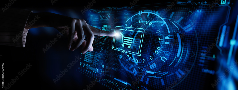 Aufkleber Hand pushing virtual symbol of online shopping with modern UI computer and smart phone.
