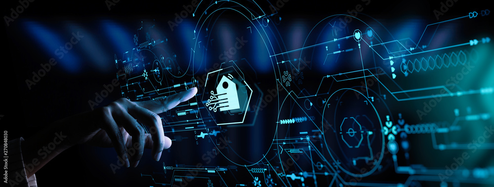 Poster Hand pushing Smart home Automation Control System Ui with Innovation technology internet Network Concept.