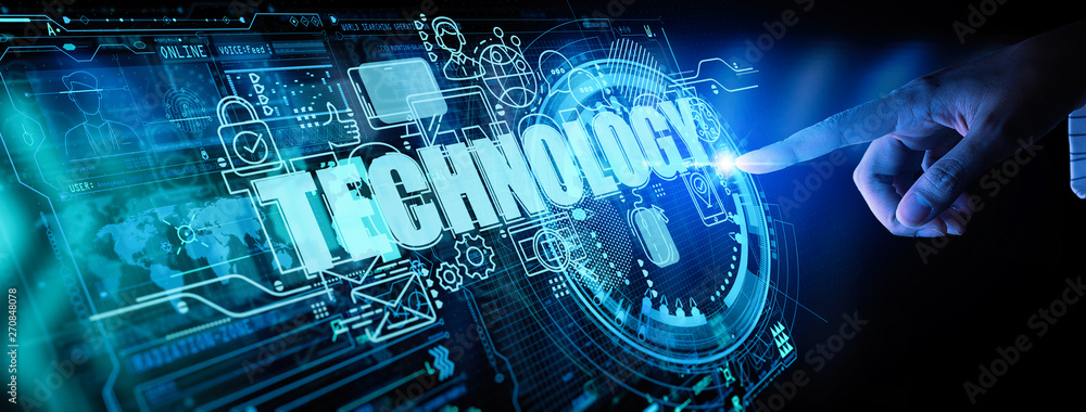 Poster business hand touching the future of UI all technology and virtual screen computer concept.