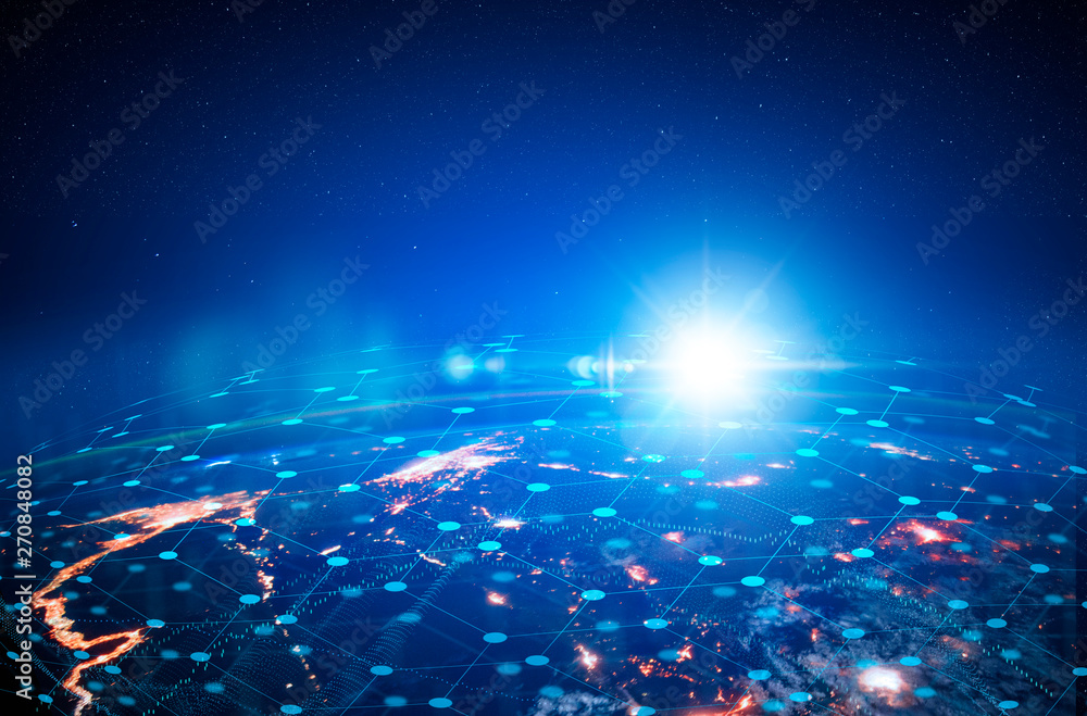 Aufkleber Communication technology for internet business. Global world network and telecommunication on earth cryptocurrency and blockchain and IoT. Elements of this image furnished by NASA