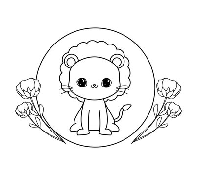 cute lion in frame circular with flowers