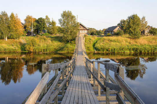 Wooden pedestrian suspension bridge