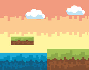 Arcade game world and pixel scene design  vector illustration