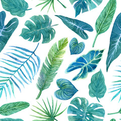 Fototapeta na wymiar Seamless pattern with lush greenery of tropical plants