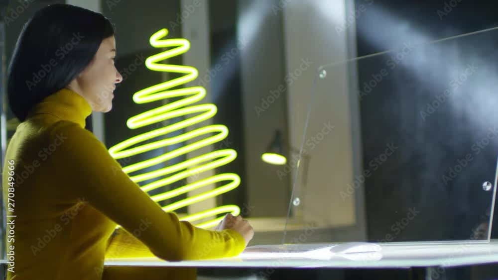 Aufkleber lockdown of young middle eastern woman sitting at invisible ar display of futuristic computer and re