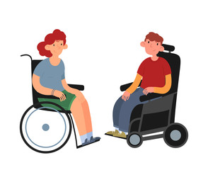 Fototapeta na wymiar Disabled people. Boy and girl in wheelchairs. Flat cartoon vector illustration.