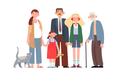 A happy family. A pregnant woman with a husband, two children, a grandfather and a cat. Flat cartoon vector illustration.
