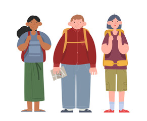 Tourism and hiking. A group of young guys with backpacks and a map. Flat cartoon vector illustration. Flat cartoon vector illustration.