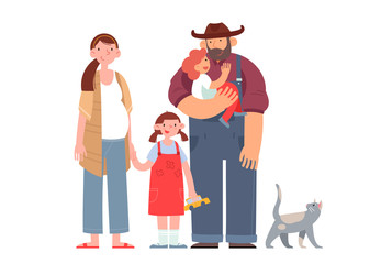 Happy farmer with his wife, children and cat. Flat cartoon vector illustration.