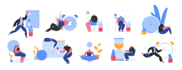 Set of people successfully organizing their appointments and tasks . Situations and office scenes with efficient and effective time management and multitasking at work. Flat vector illustration.