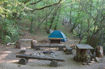 Tourist camping tent in the woods
